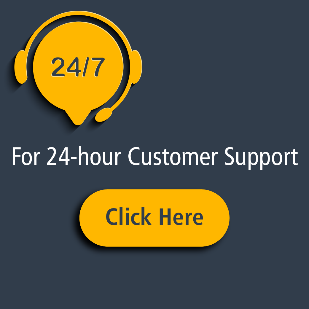 text reads for 24-hour customer support click here which links to the customer support page with a yellow customer support icon and blue background
